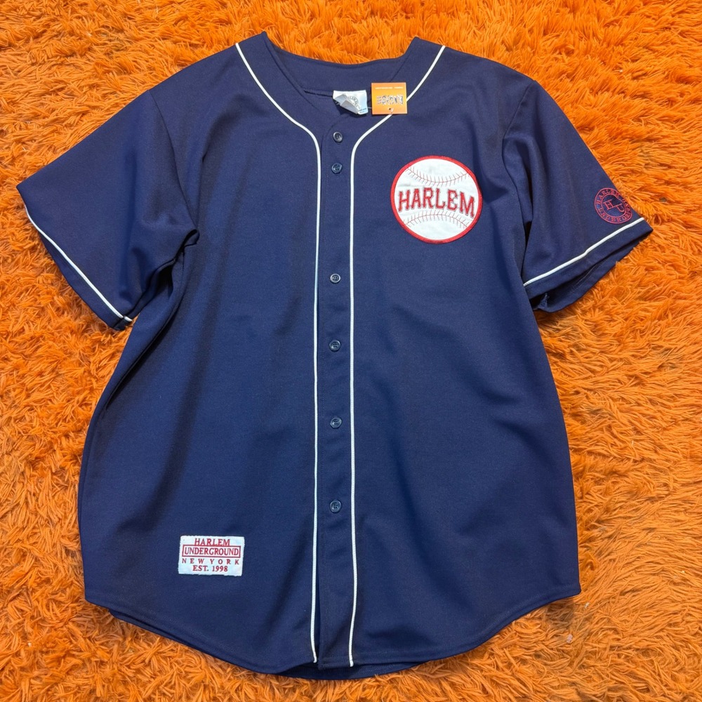 Harlem Underground NY Baseball Jersey Mens XXL Navy Blue Button Up Embroidered